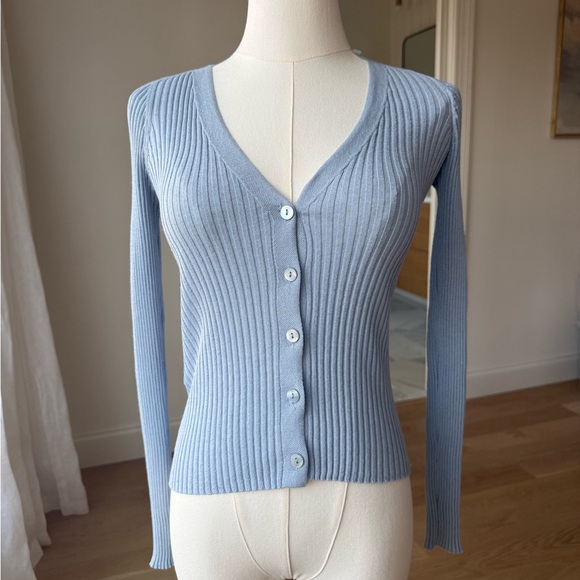Mango Light Blue Ribbed Knit Button-Front Sweater - Picture 5 of 6